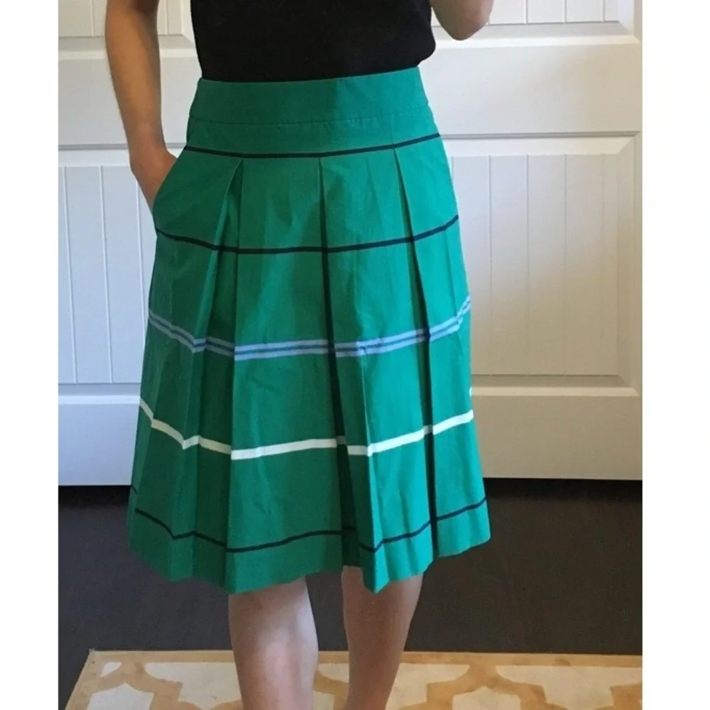 Ann Taylor Green Striped Pleated A-Line Skirt Pockets Size 14 Cotton Blend - Picture 11 of 11